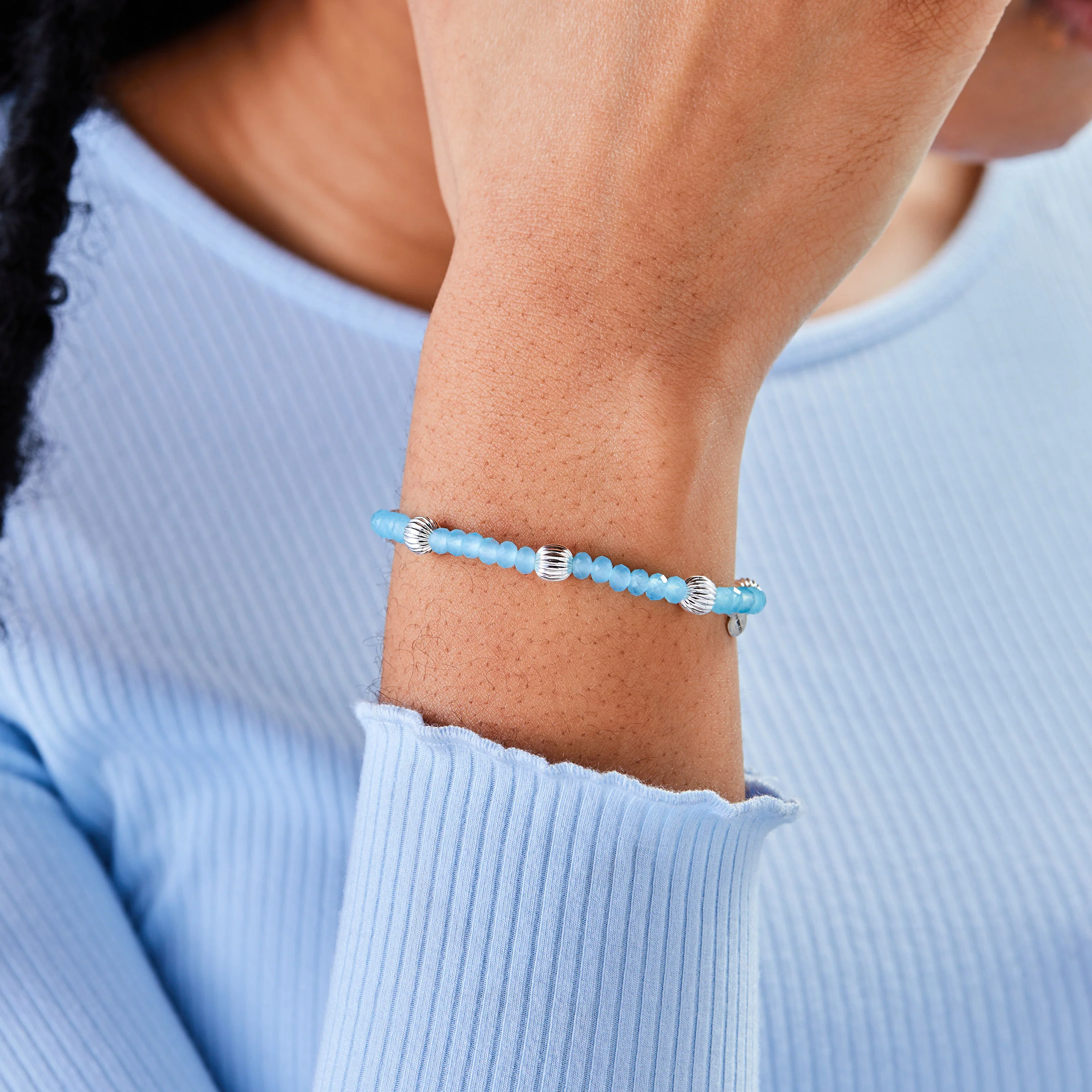 Blue Beaded Stretch Bracelet, Medium - Image 2