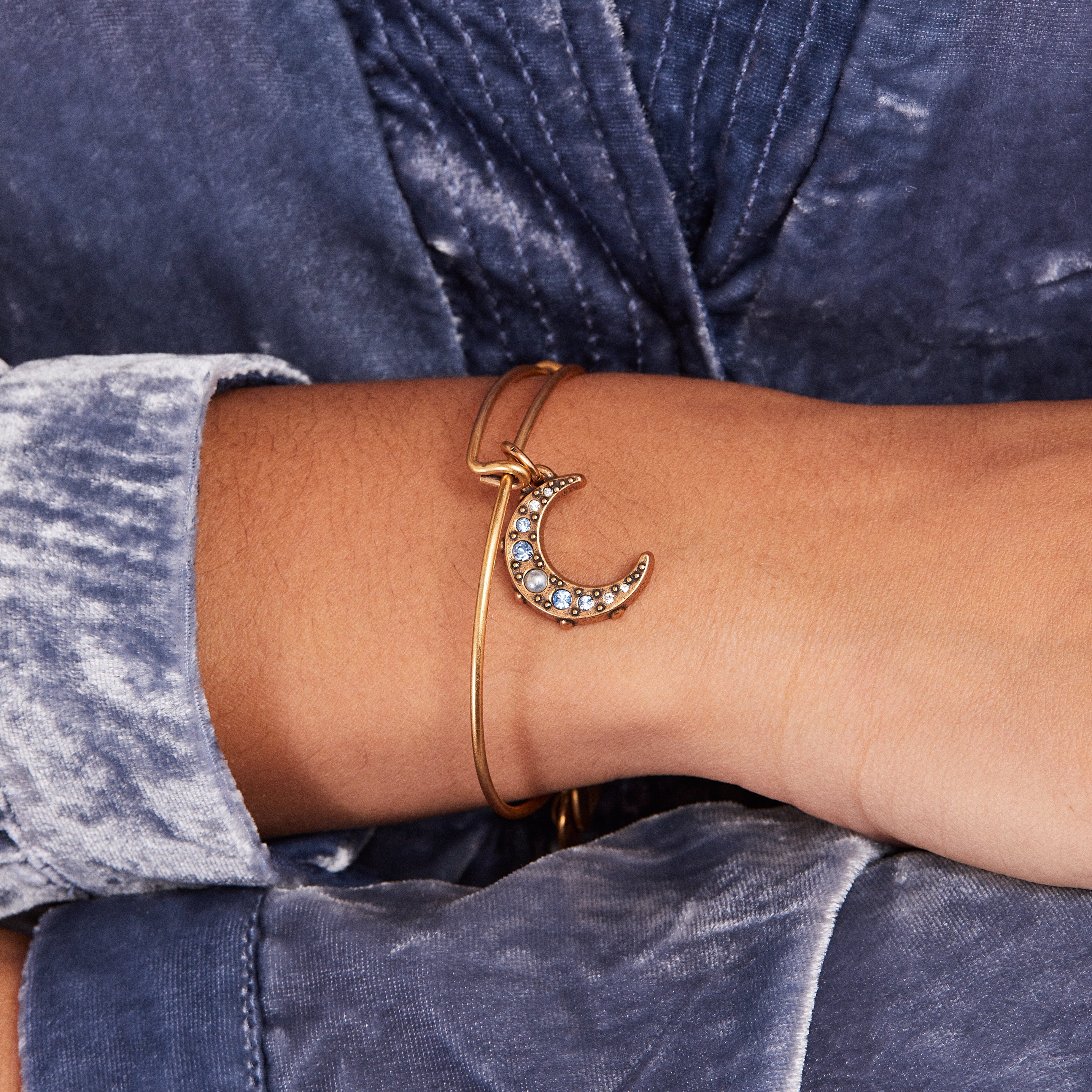 Crescent Moon Pearl and Crystal Charm Bangle - Image 4