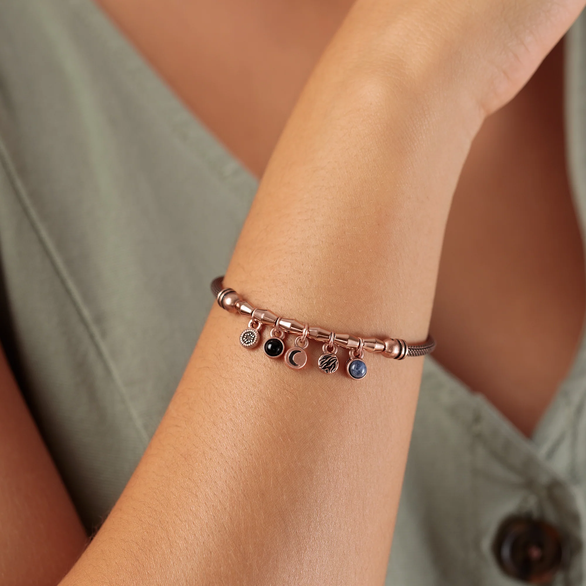 Crescent Moon + Gemstone Multi-Charm Mesh Cuff Bracelet - Image 2