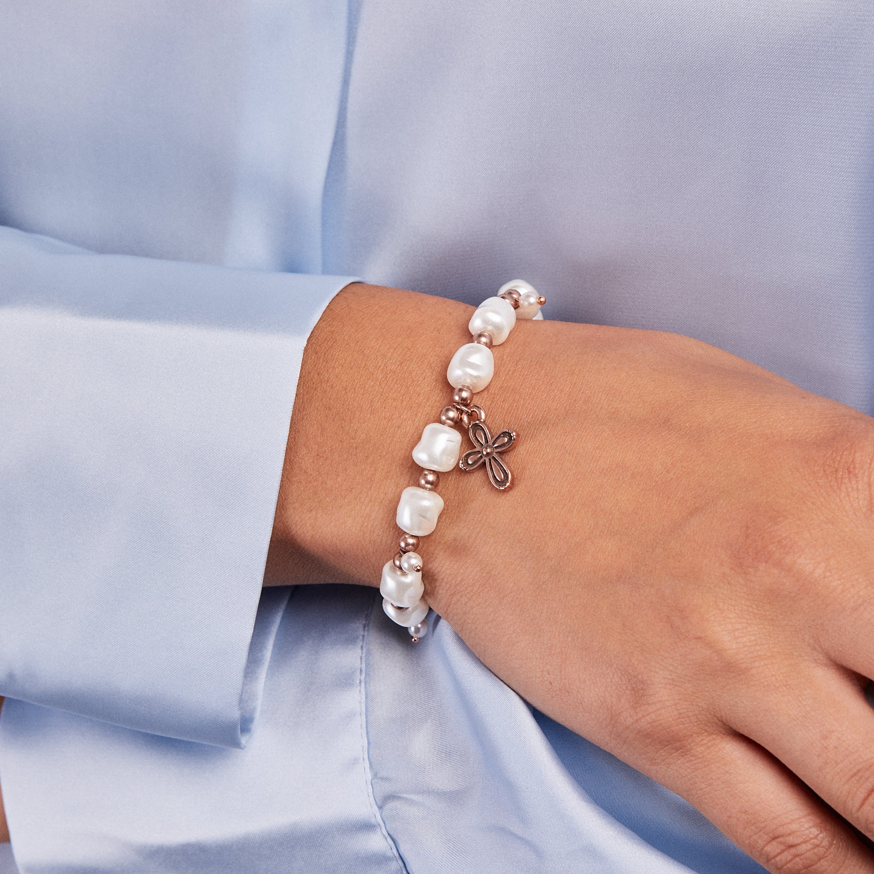 Cross Pearl Stretch Bracelet - Image 2