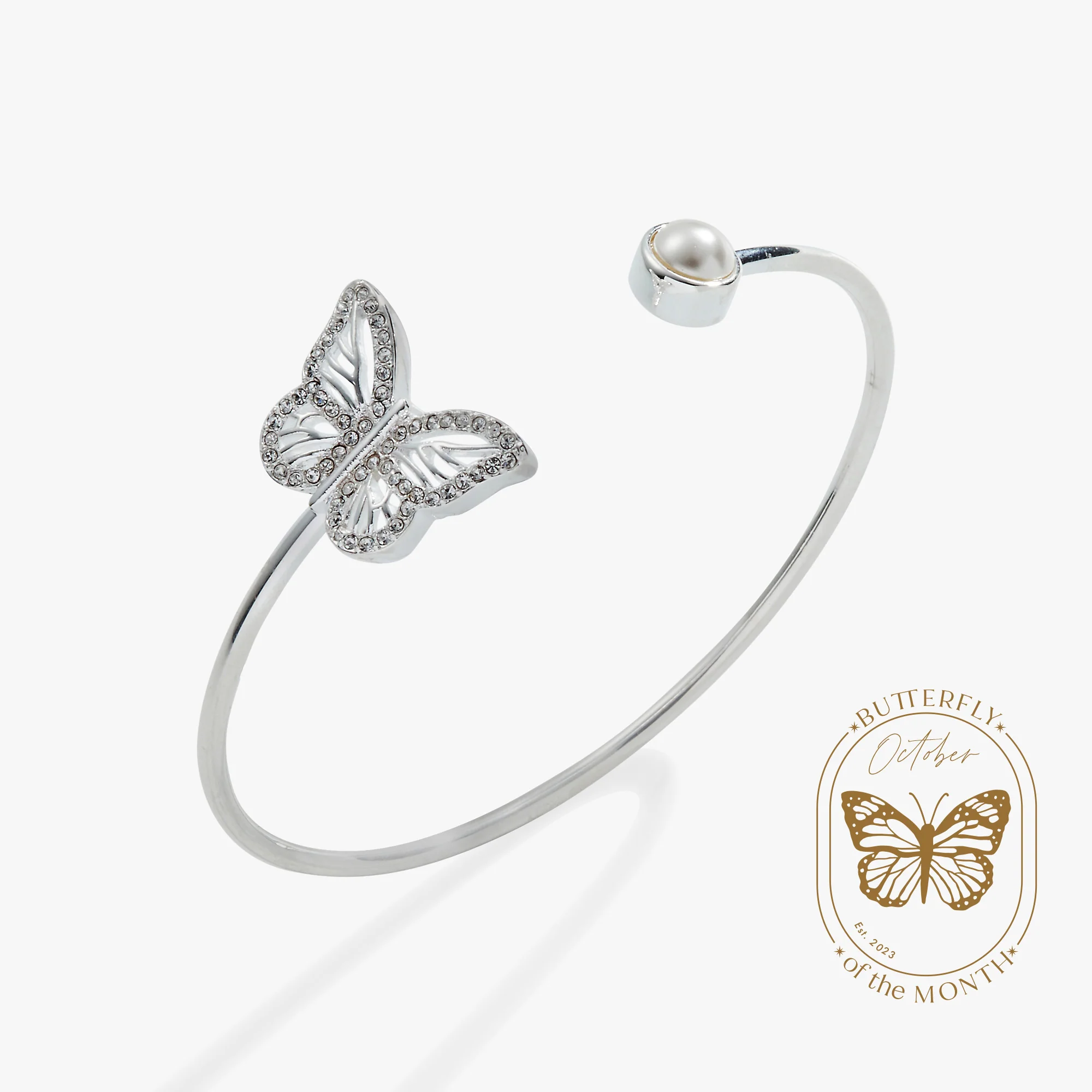 Crystal Butterfly + Pearl Flex Cuff Bracelet