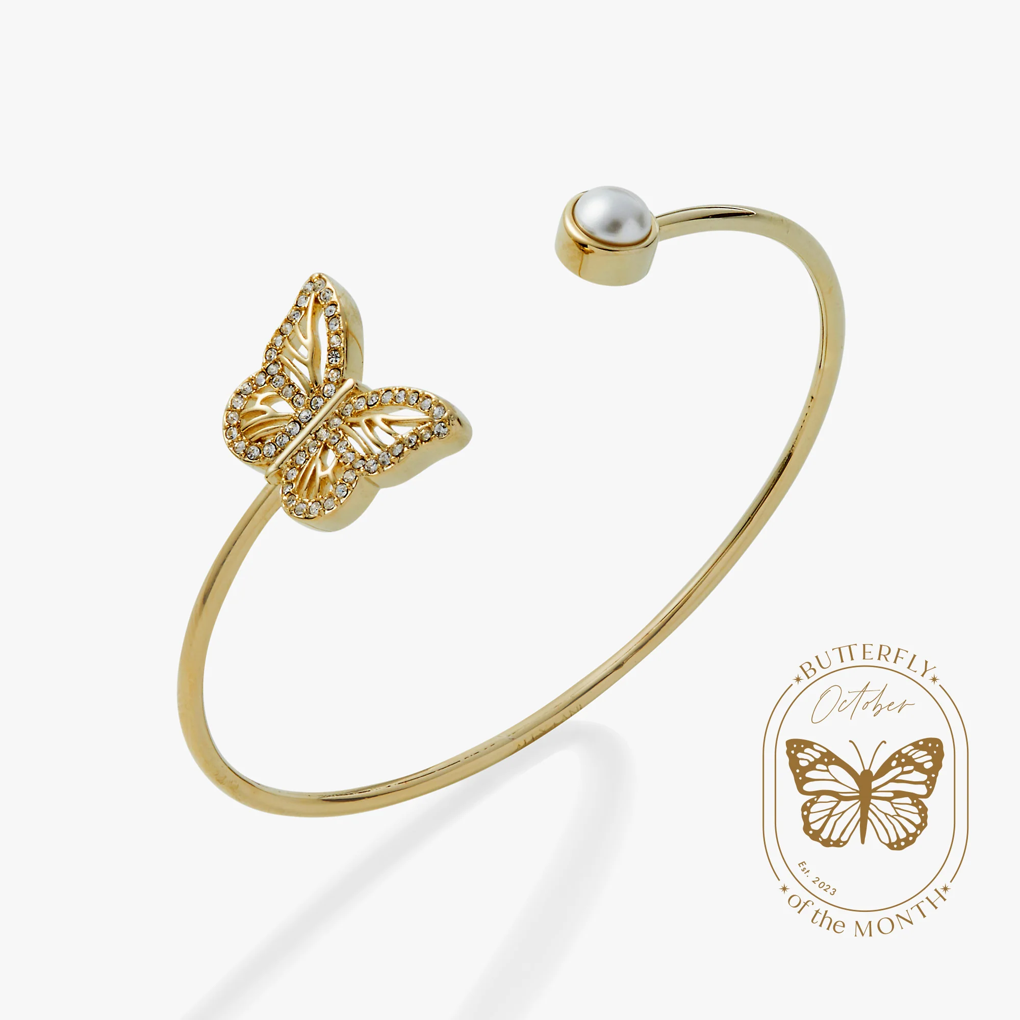 Crystal Butterfly + Pearl Flex Cuff Bracelet - Image 3