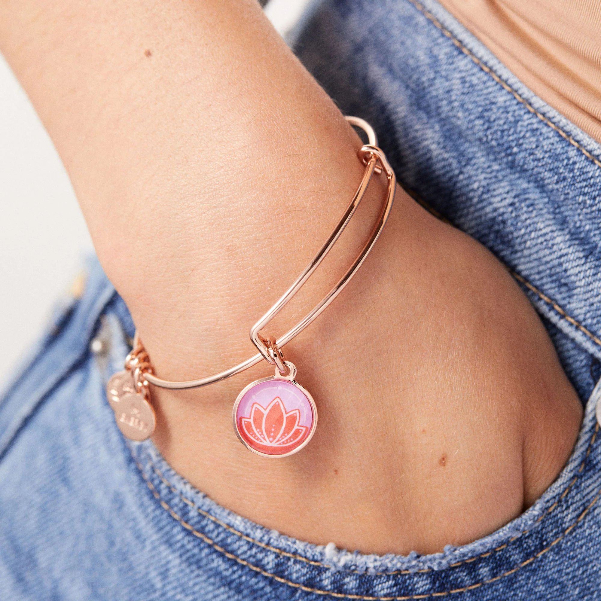 Crystal Lotus Charm Bangle Bracelet - Image 2