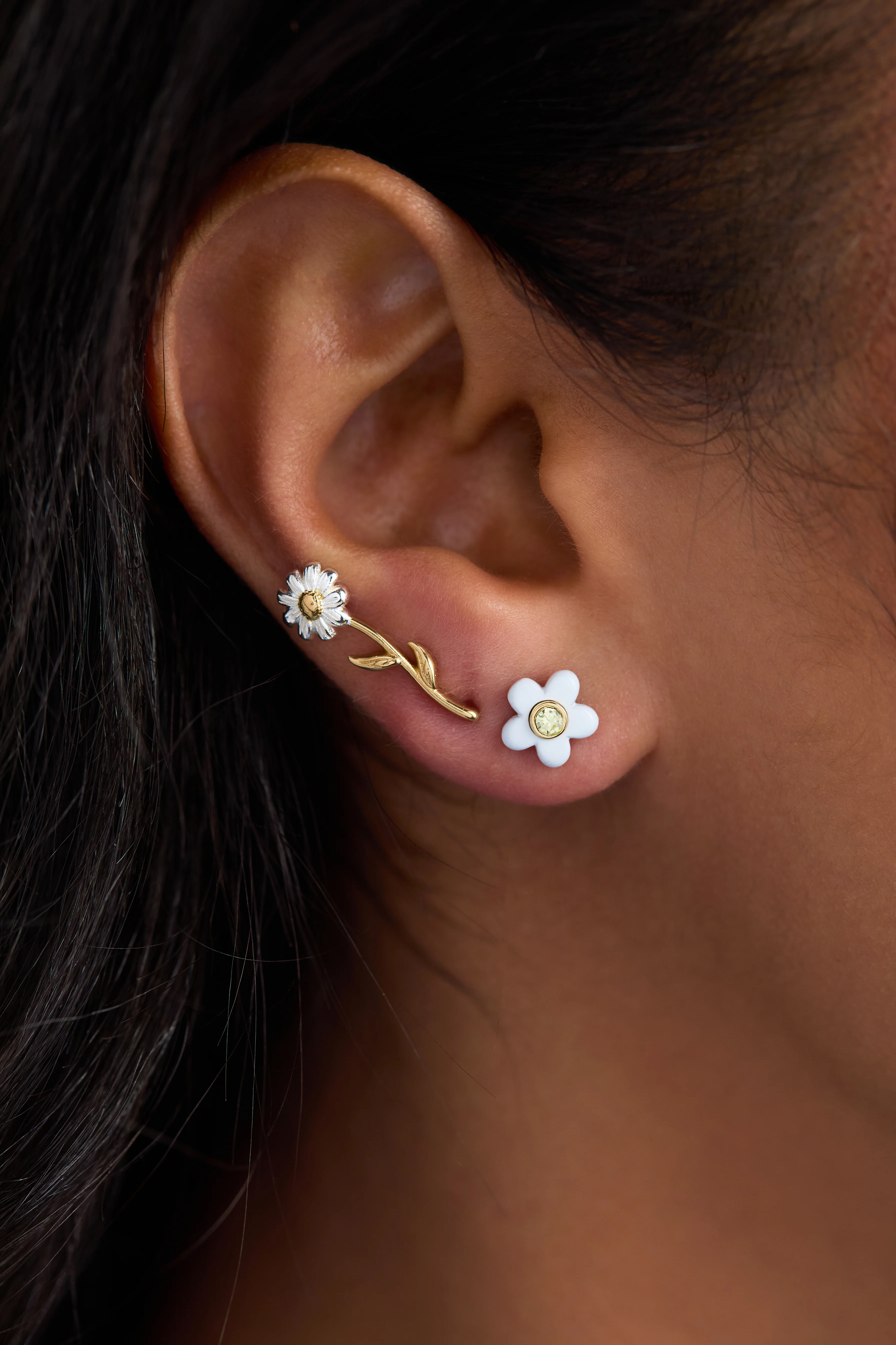 Daisy Flower Stud and Huggie Hoop Earring Set of 3 - Image 2