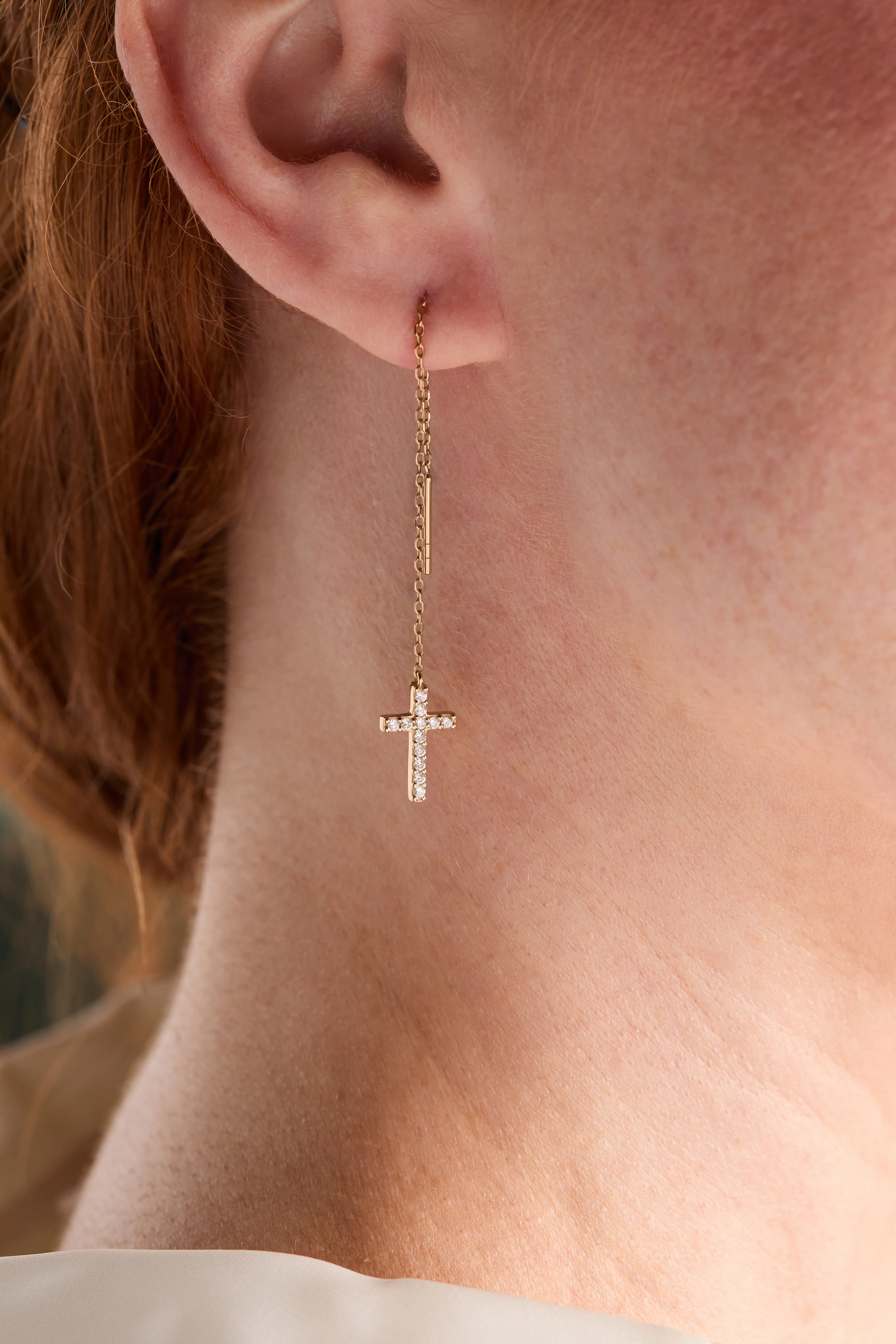 Cross Delicate Pave Crystal Threader Earrings - Image 2