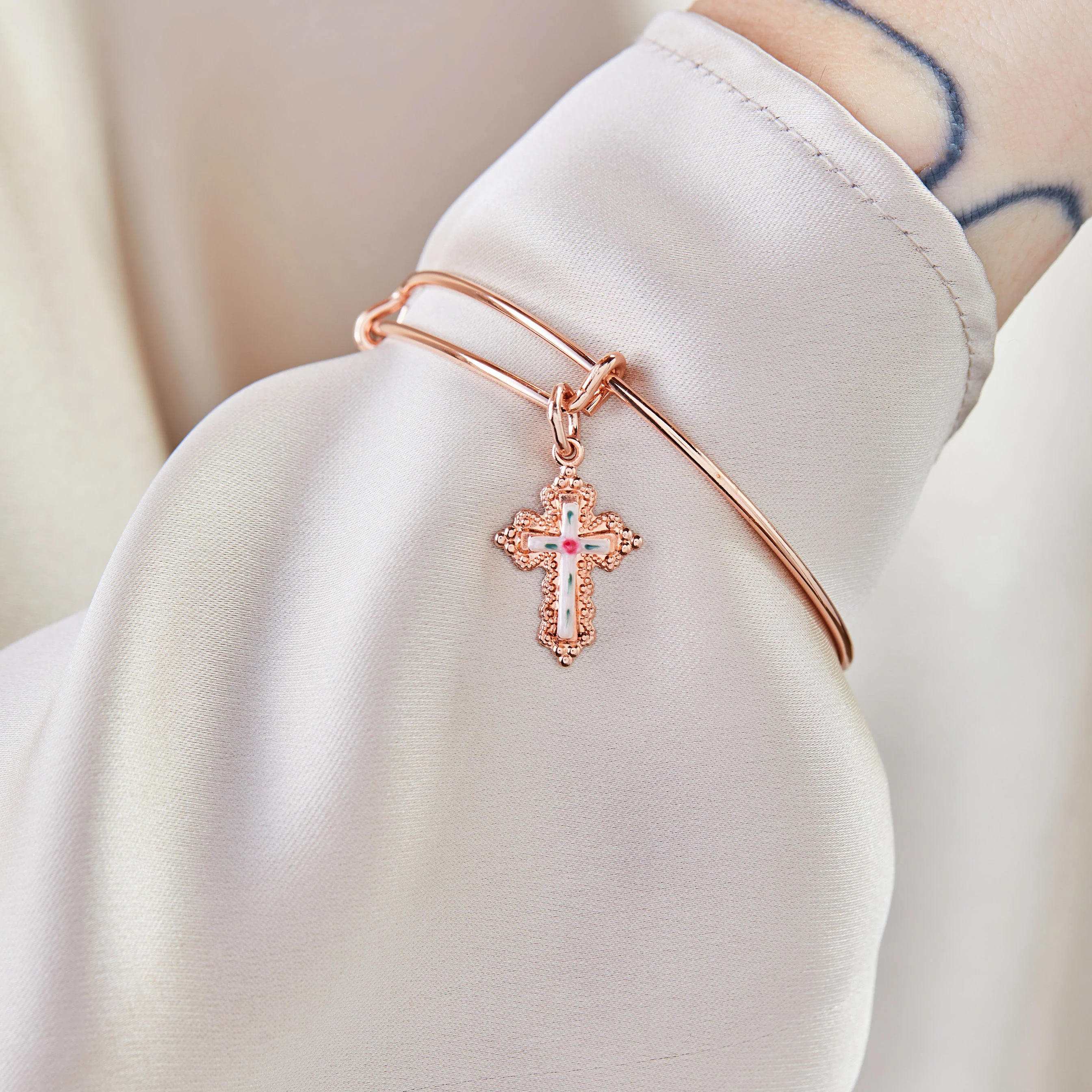 Floral Cross Charm Bangle Bracelet - Image 4