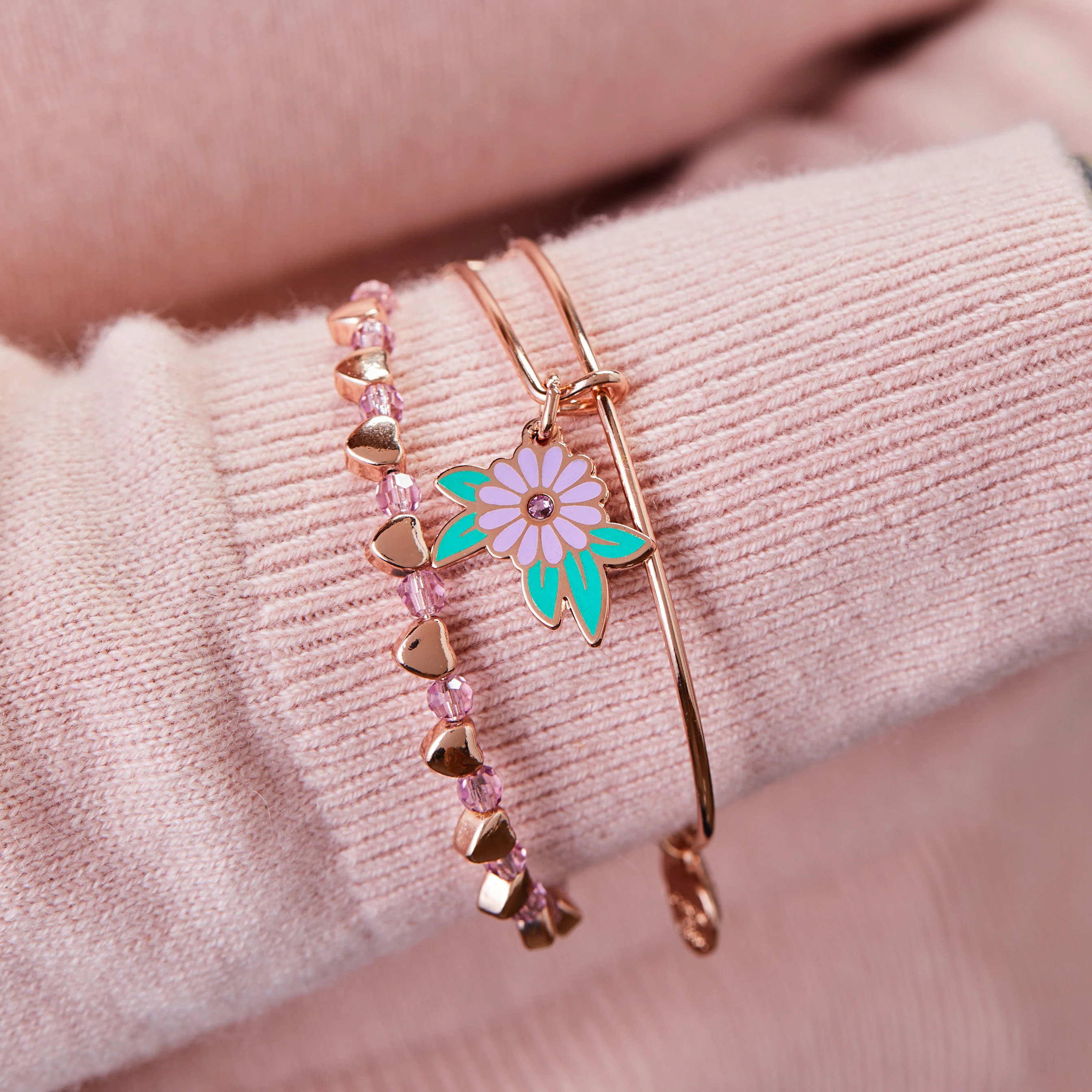 Flower + Hearts Charm Bangle Bracelets, Set of 2 - Image 3