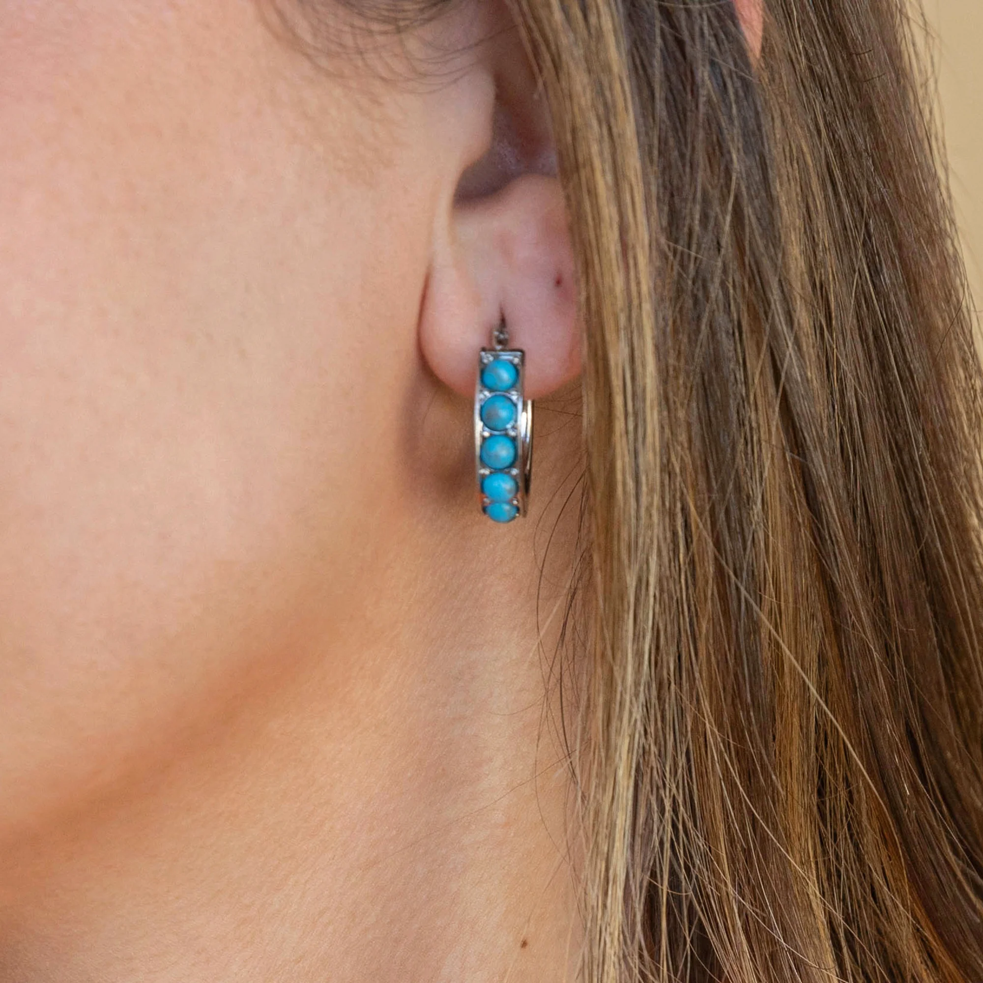 Gemstone Hoop Earrings, Reconstituted Turquoise - Image 2