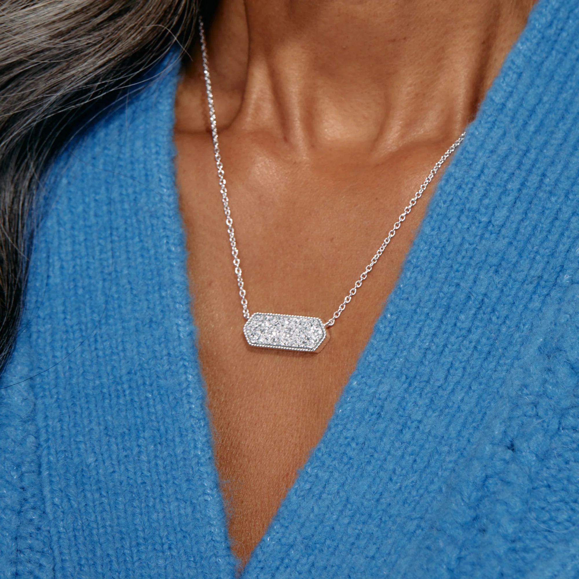 Glitter Druzy Pendant Necklace, Silver - Image 2