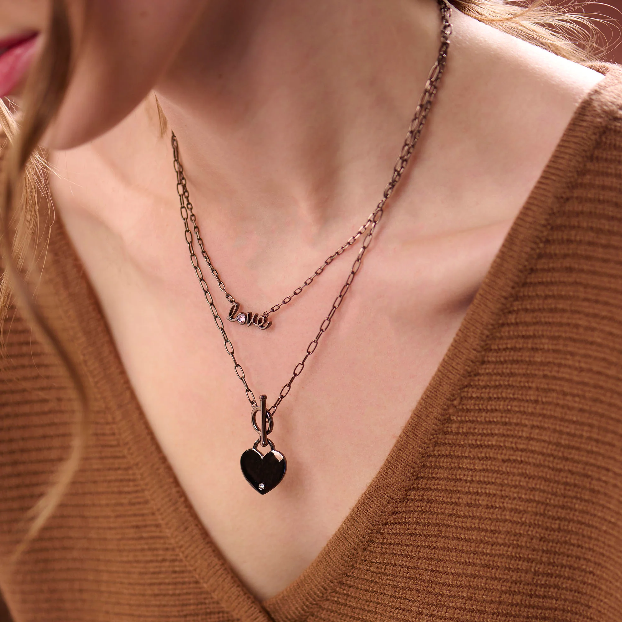 Heart Charm and Crystal Accent Toggle Necklace - Image 2