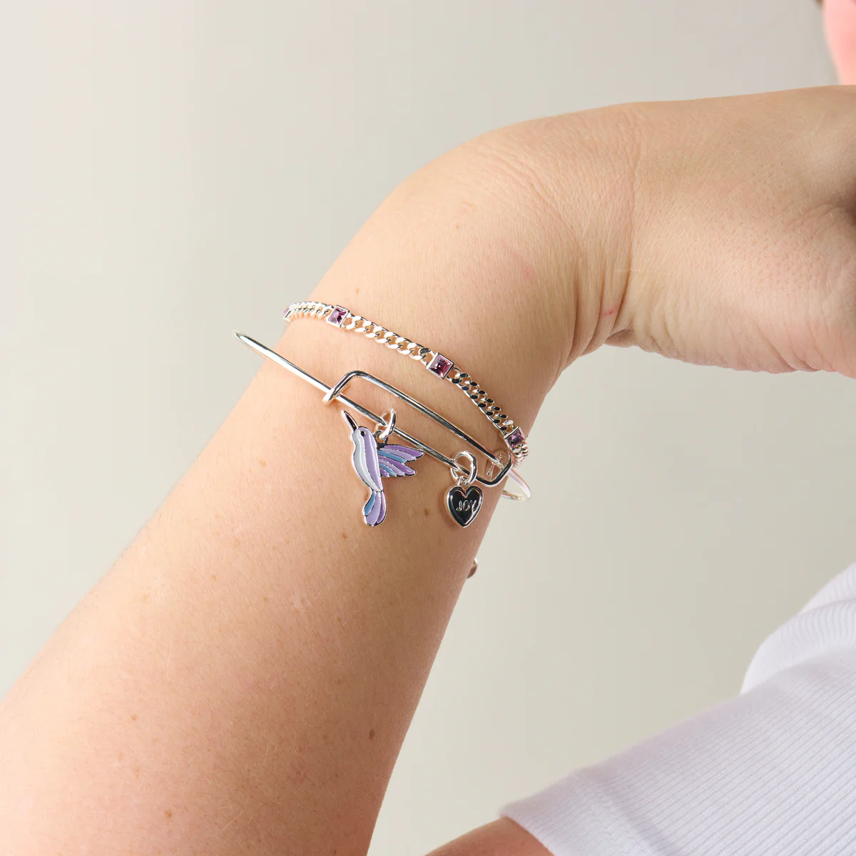 'Joy' Hummingbird Duo Charm Bangle Bracelet - Image 3