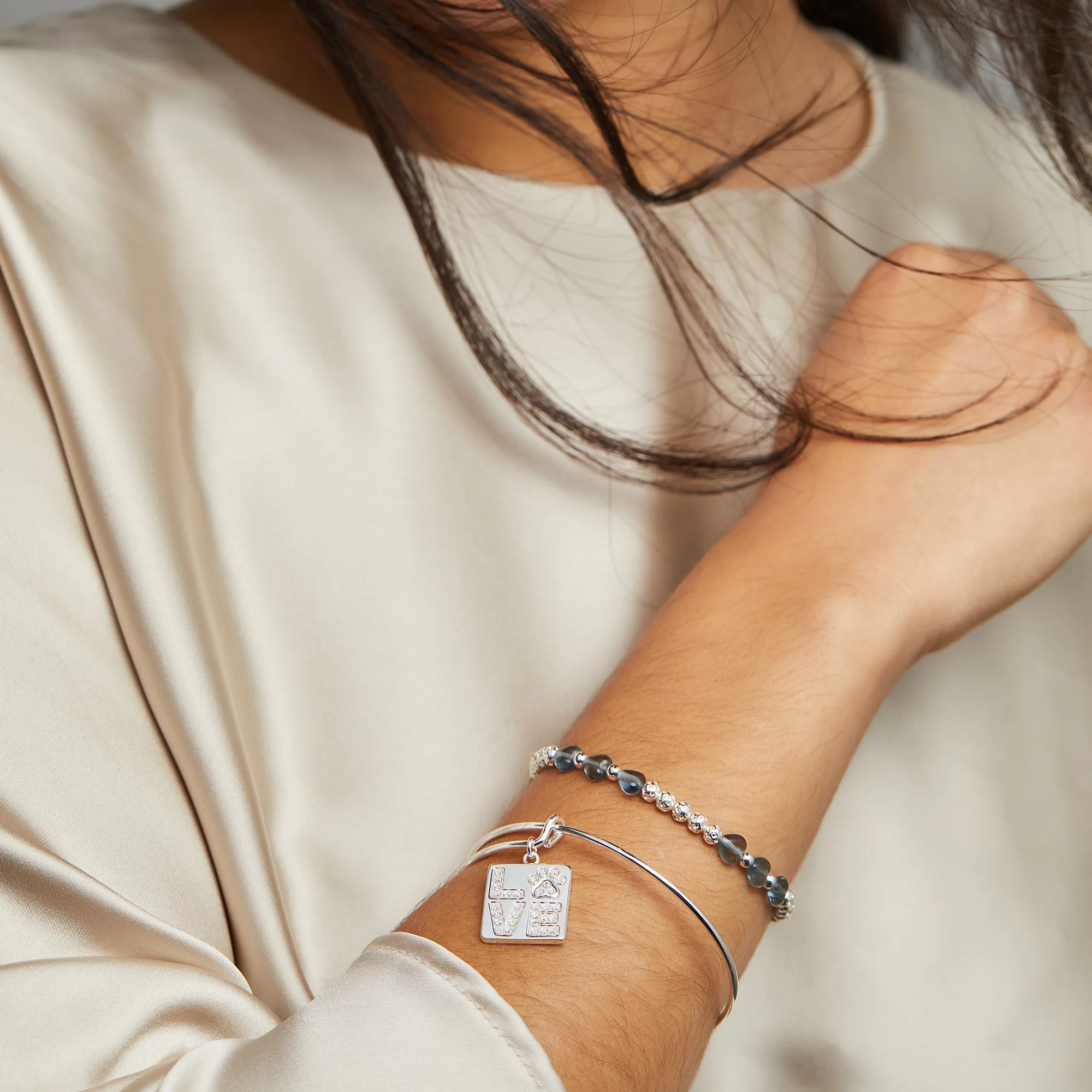 'LOVE' Pave Paw Print Charm Bangle Bracelet - Image 2