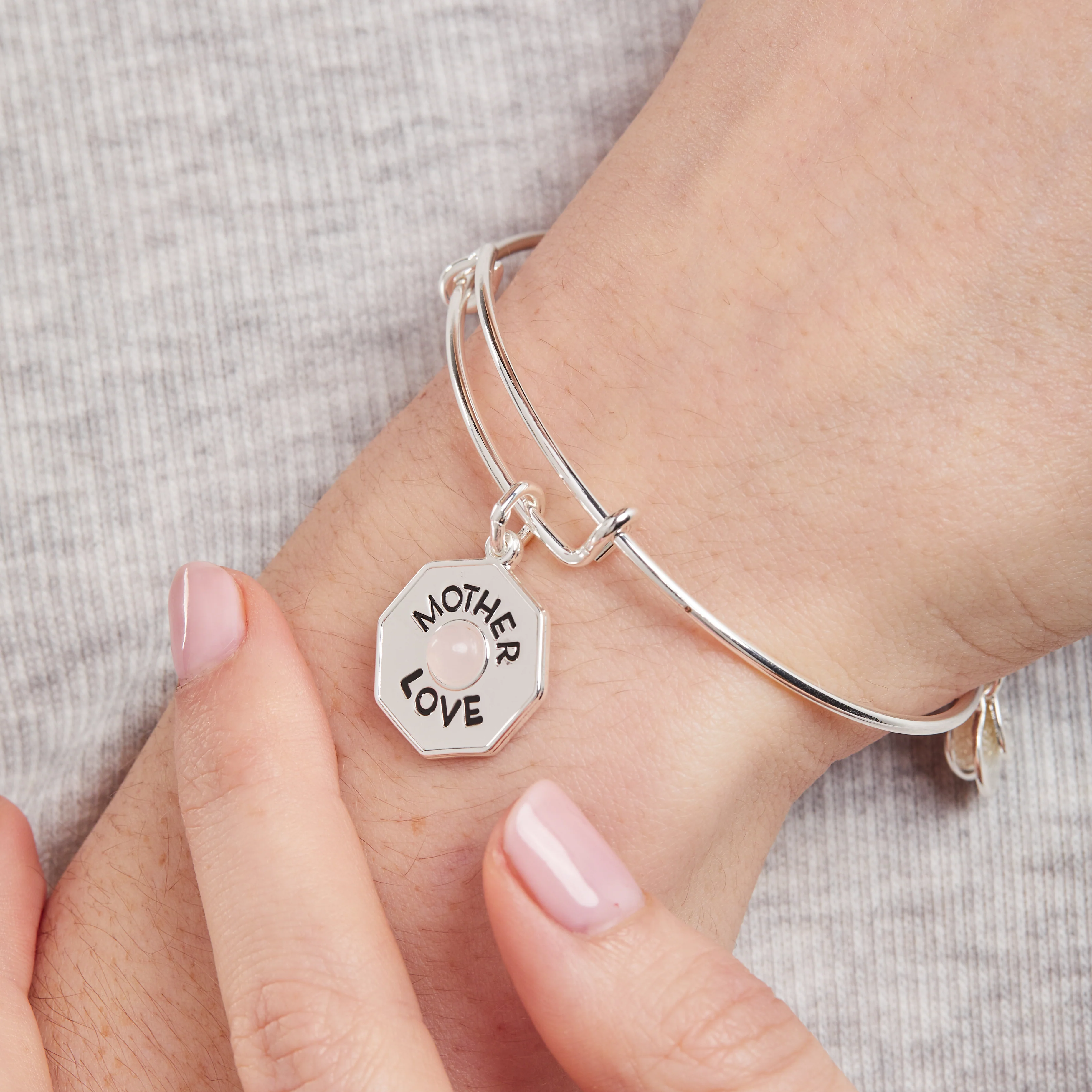 'Mother, Love' Rose Quartz Charm Bangle Bracelet - Image 2