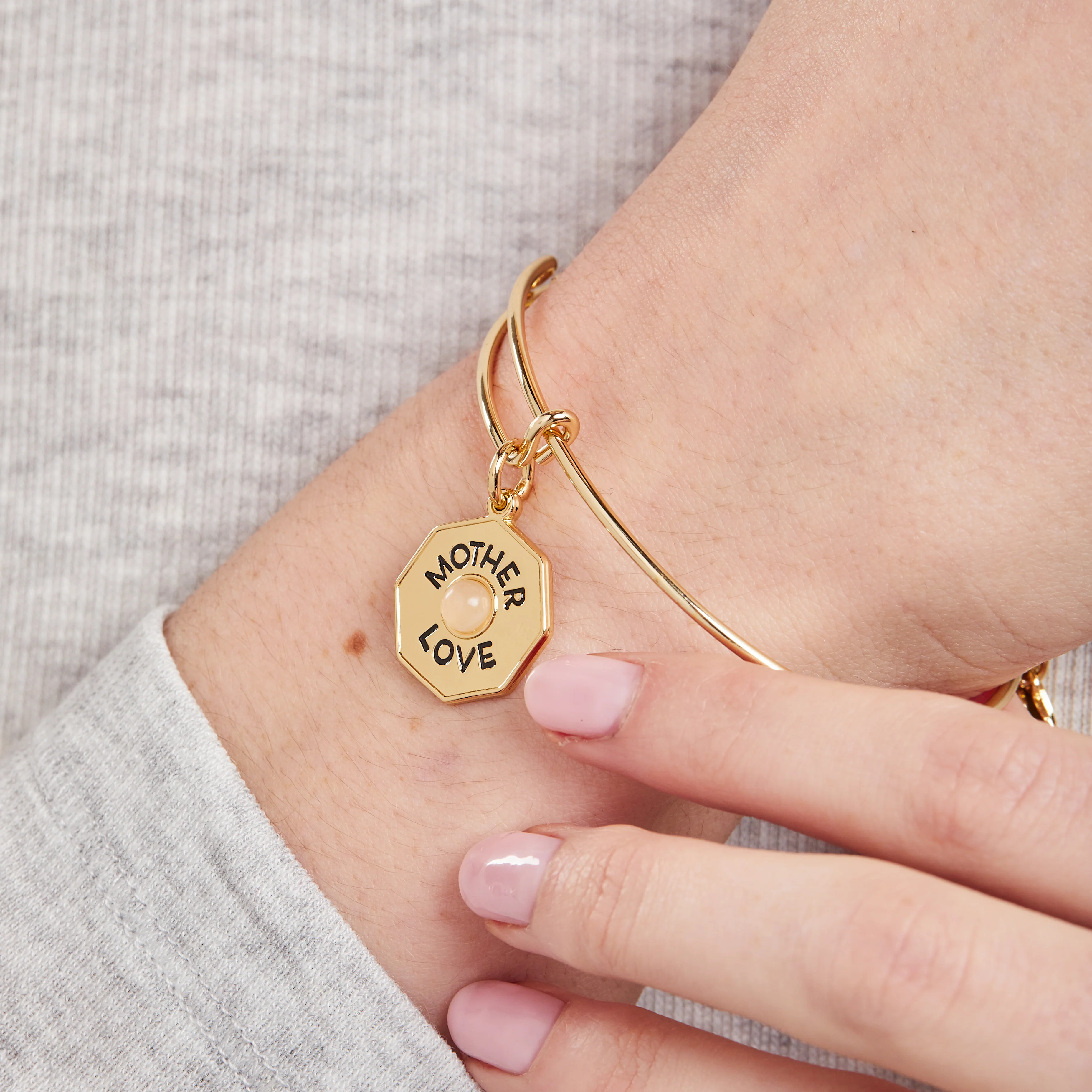 'Mother, Love' Rose Quartz Charm Bangle Bracelet - Image 6