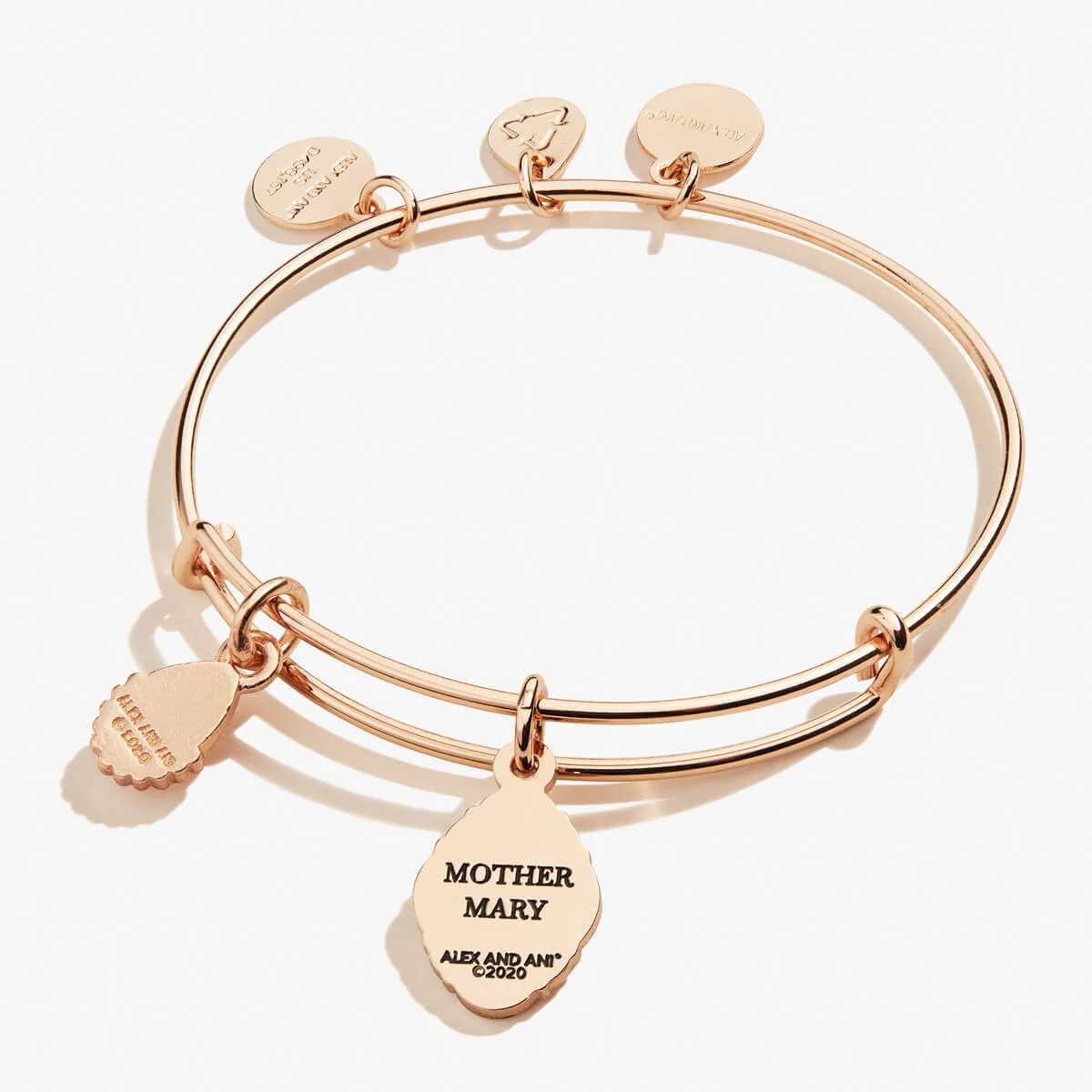 Rose Quartz Gemstone + Mother Mary Duo Charm Bangle - Image 2