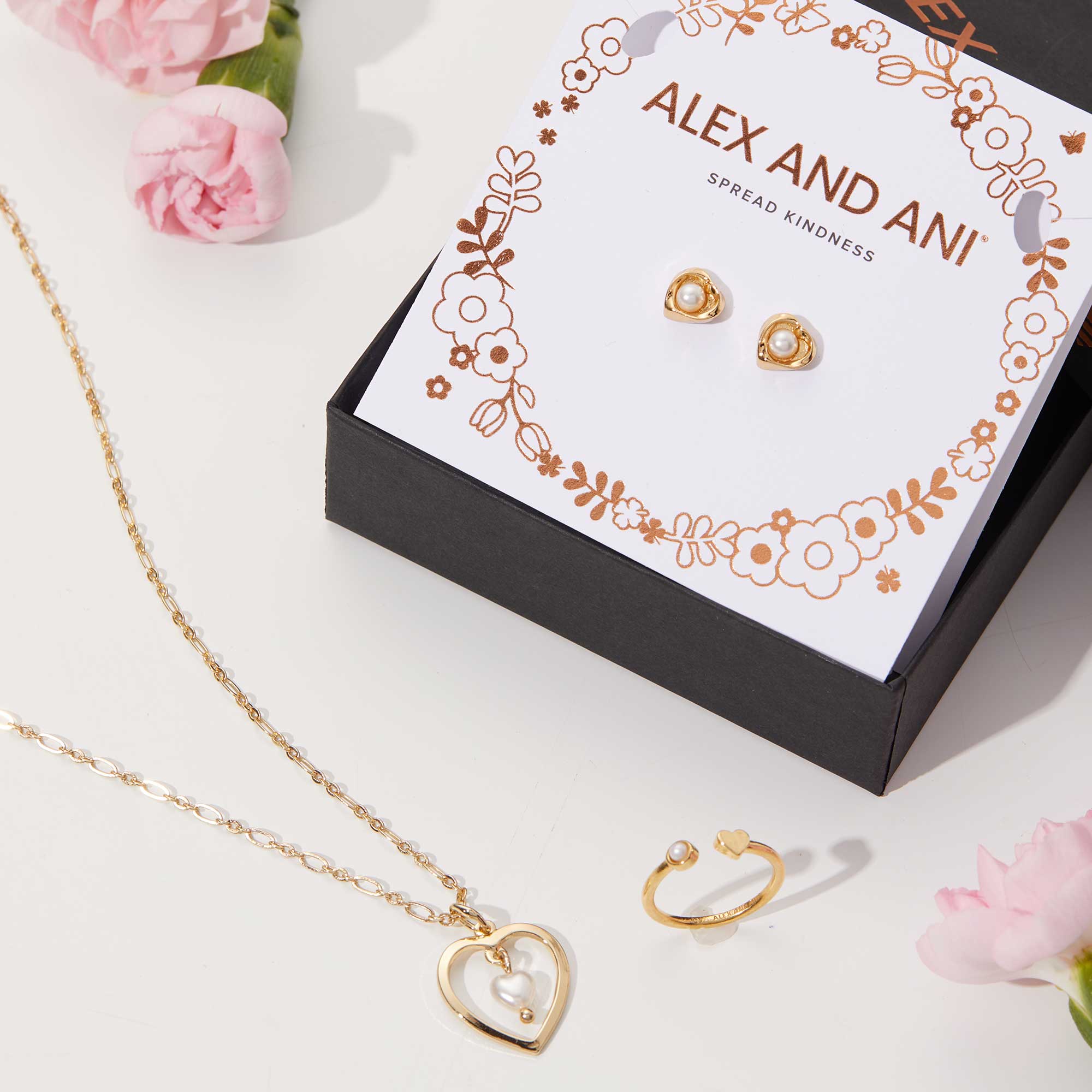Pearl Heart Necklace, Stud Earring + Ring Set - Image 5