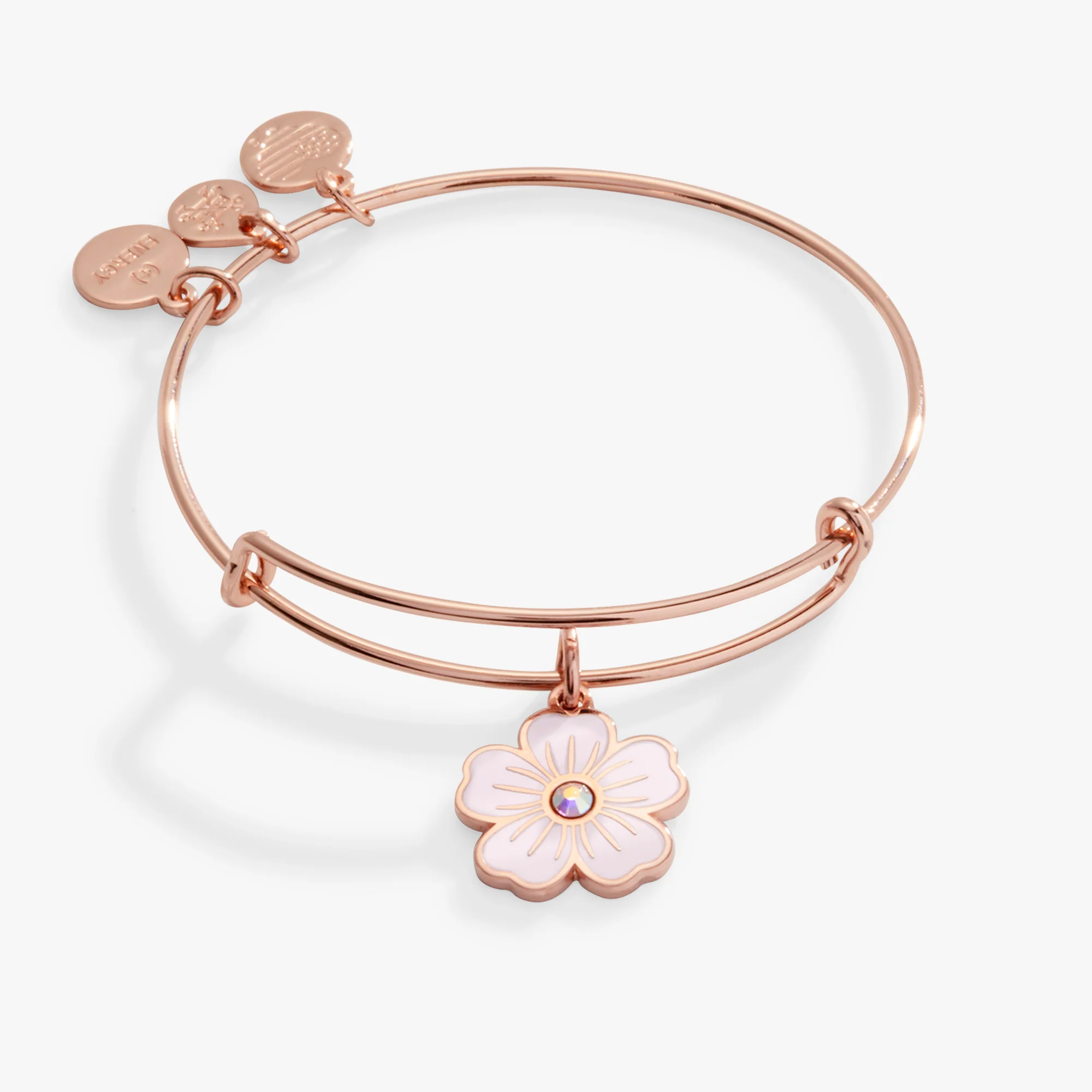 Pink Pansy and Crystal Charm Bangle Bracelet - Image 3