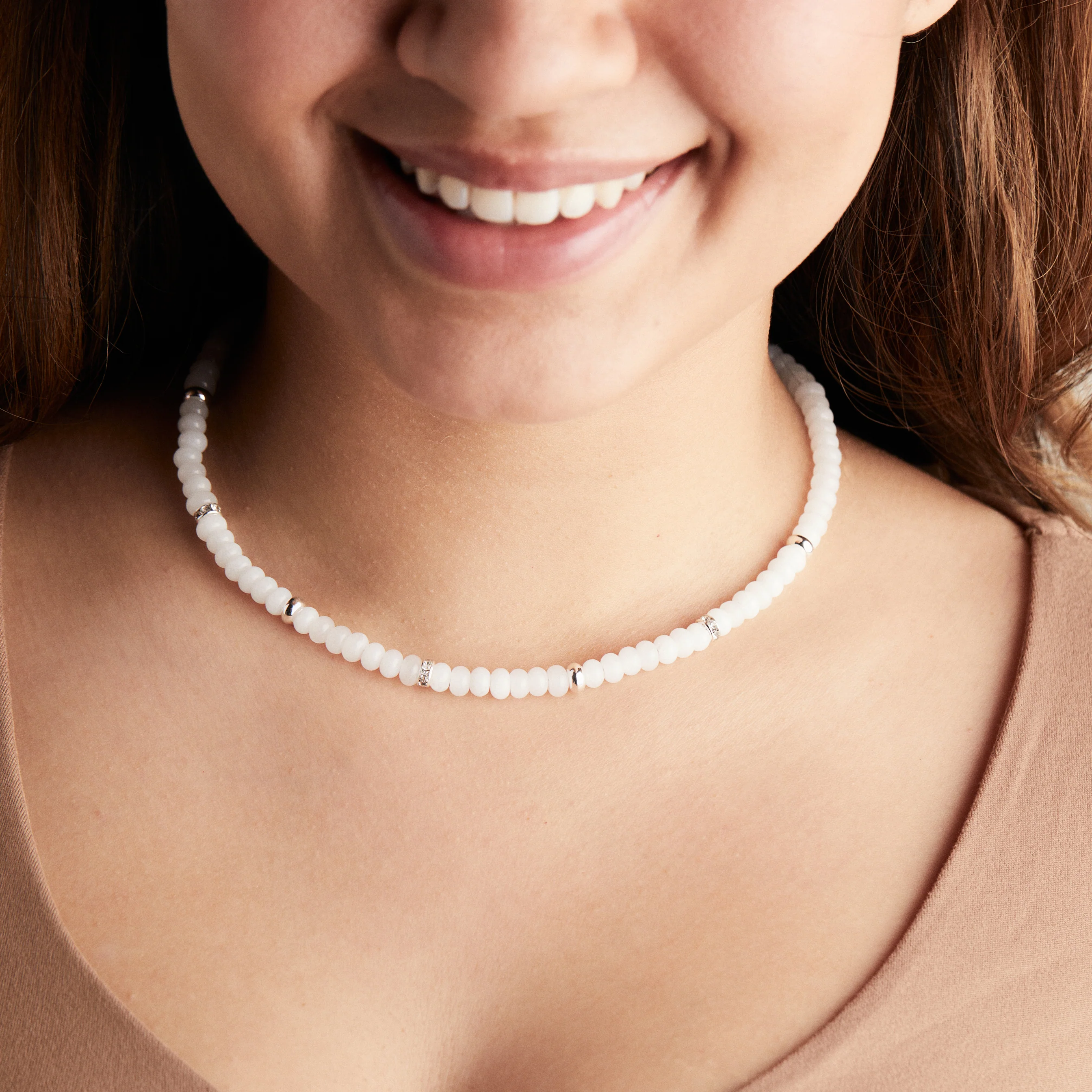 White Jade + Metal Pave Beaded Necklace, Adjustable - Image 3